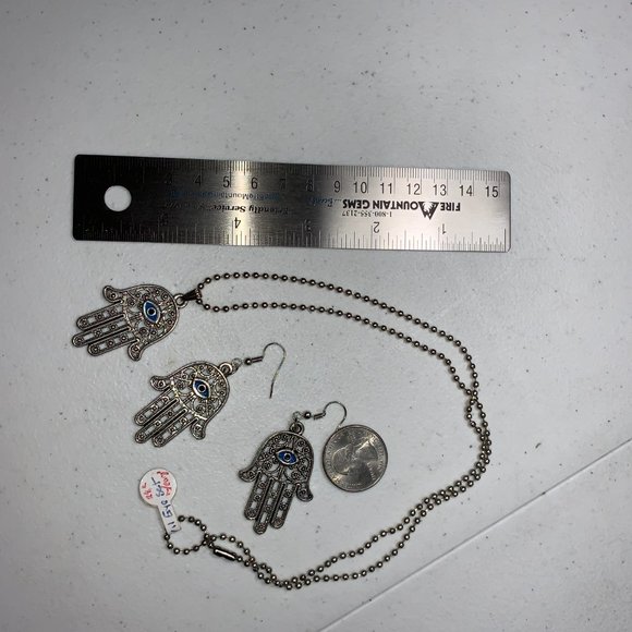 28" Ball Chain Necklace with Hamsa Pendant and Matching earrings, set - Picture 7 of 10